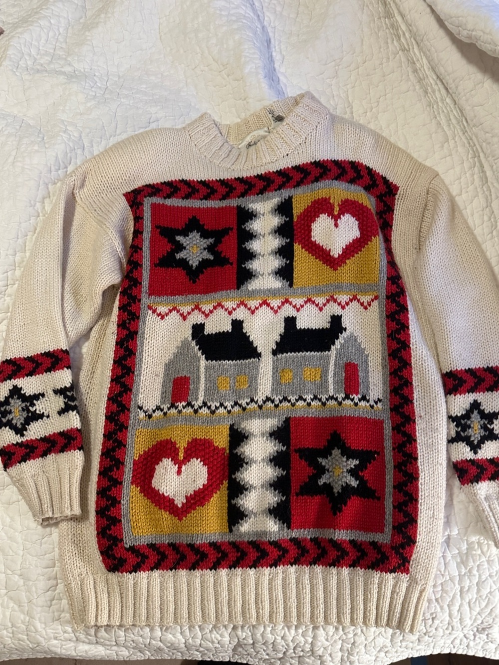 Handknitted Crewneck Sweater with Red, Mustard & Black Fair Isle Panel